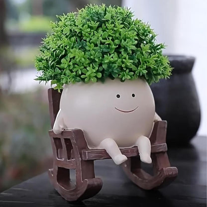 Smily Face Garden Planter Pot, 1 Piece Cartoon Design Resin Pot for Indoor Plants, Cute Sit Rocking Chair Succulent Flower Pots with Drain Hole, Decorative Flower Pot for Home Office Desk #TOP PICKS