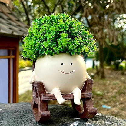 Smily Face Garden Planter Pot, 1 Piece Cartoon Design Resin Pot for Indoor Plants, Cute Sit Rocking Chair Succulent Flower Pots with Drain Hole, Decorative Flower Pot for Home Office Desk #TOP PICKS