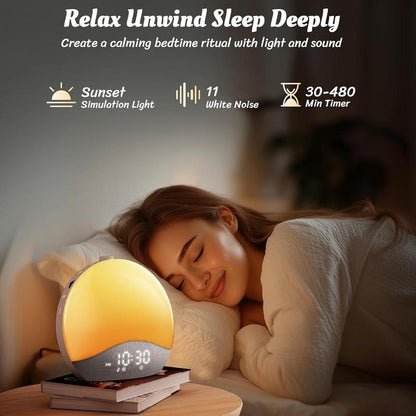 Ecozy Sunrise Alarm Clock, White Noise Machine for Sleep, Upgraded Backlit Buttons, Bluetooth Speaker, Dimmable Night Light for Heavy Sleeper, Adults, Kids