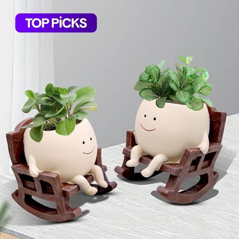 Smily Face Garden Planter Pot, 1 Piece Cartoon Design Resin Pot for Indoor Plants, Cute Sit Rocking Chair Succulent Flower Pots with Drain Hole, Decorative Flower Pot for Home Office Desk #TOP PICKS