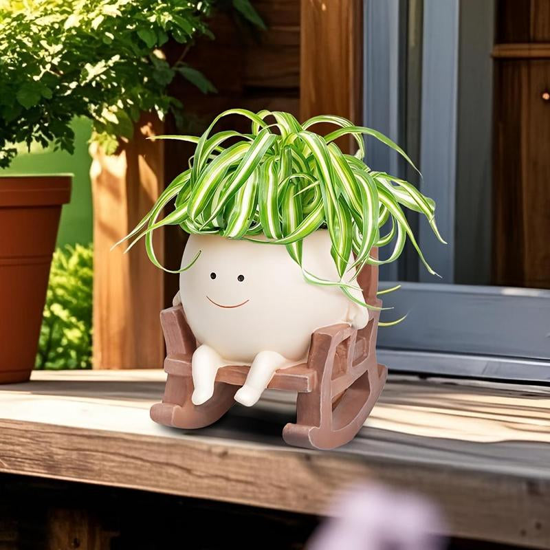 Smily Face Garden Planter Pot, 1 Piece Cartoon Design Resin Pot for Indoor Plants, Cute Sit Rocking Chair Succulent Flower Pots with Drain Hole, Decorative Flower Pot for Home Office Desk #TOP PICKS