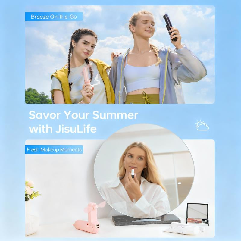 JISULIFE Handheld Mini Fan 3-In-1 Portable, 4500Mah/2000Mah Rechargeable Battery USB Fan with Power Bank & Flashlight, Multifunctional for Travel, Makeup, Daily Use