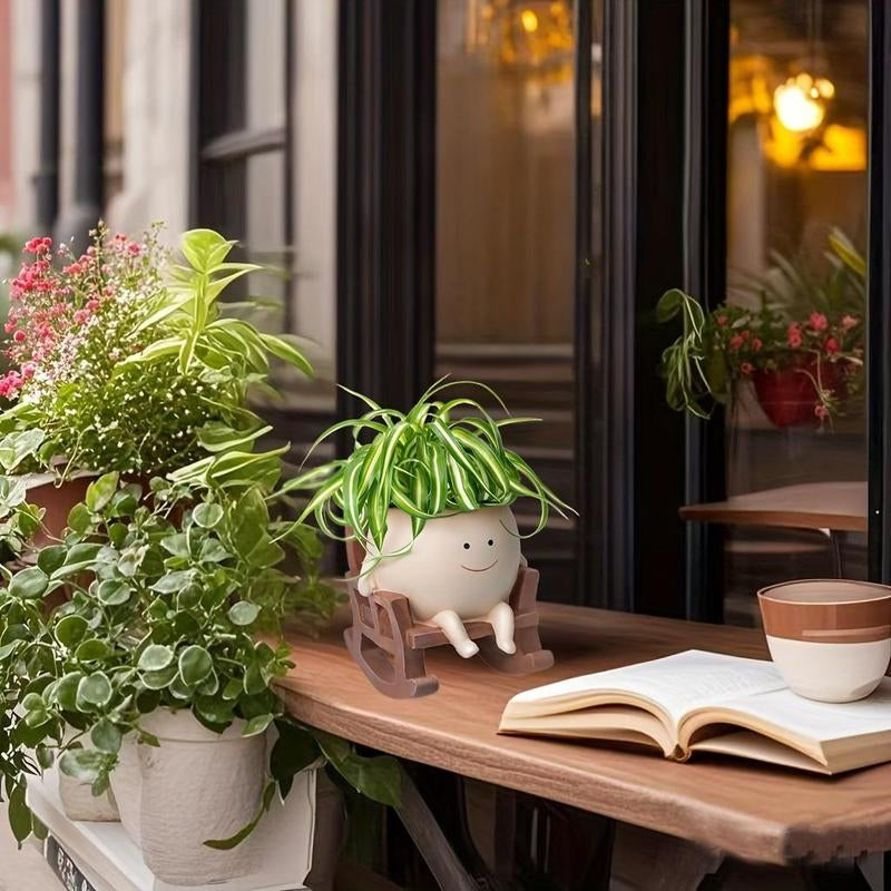 Smily Face Garden Planter Pot, 1 Piece Cartoon Design Resin Pot for Indoor Plants, Cute Sit Rocking Chair Succulent Flower Pots with Drain Hole, Decorative Flower Pot for Home Office Desk #TOP PICKS