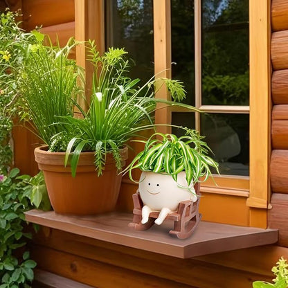 Smily Face Garden Planter Pot, 1 Piece Cartoon Design Resin Pot for Indoor Plants, Cute Sit Rocking Chair Succulent Flower Pots with Drain Hole, Decorative Flower Pot for Home Office Desk #TOP PICKS